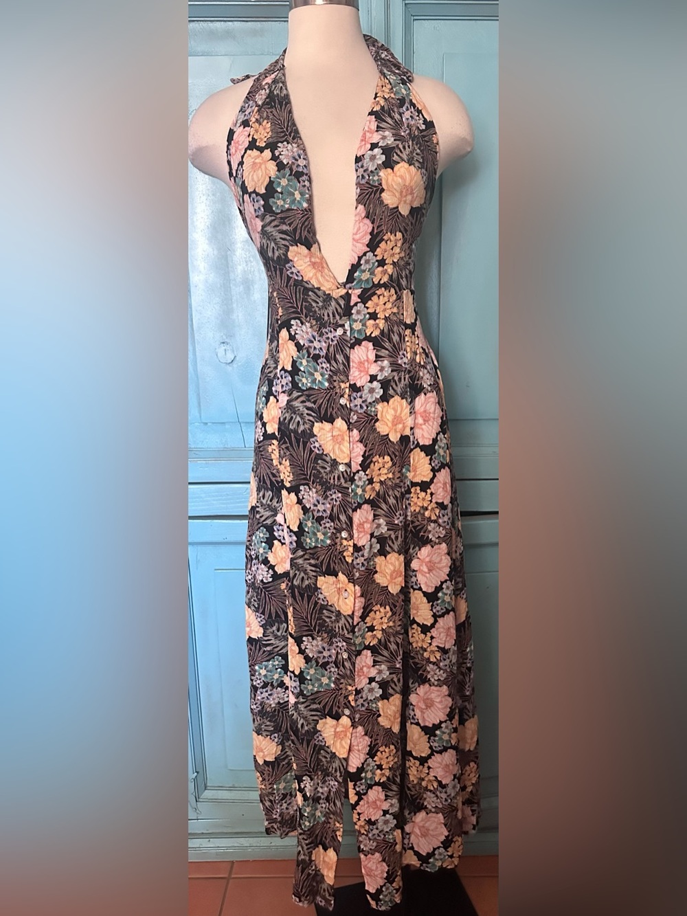 O'Neill Black Halter Backless Maxi Dress with Peach & Teal Floral